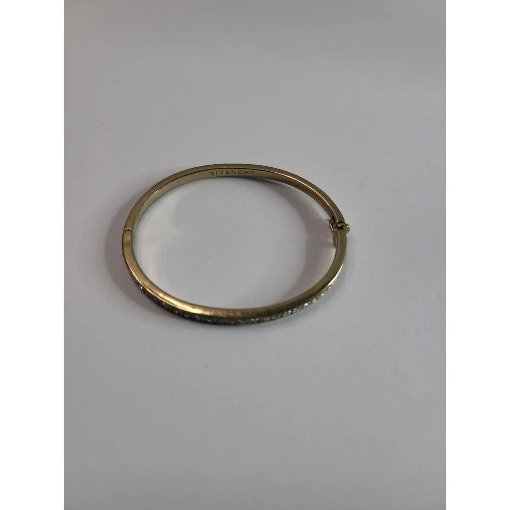 Vintage Givenchy Signed Gold Tone Clear Rhinestones Hinged Bangle Bracelet